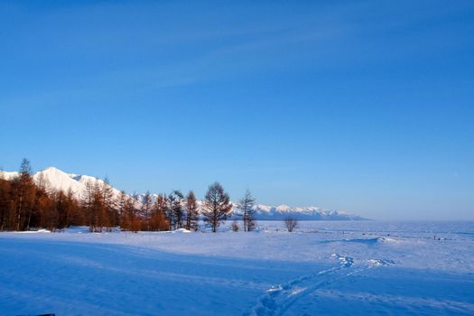 ski slope on the shore of Lake Baikal. Ski track.