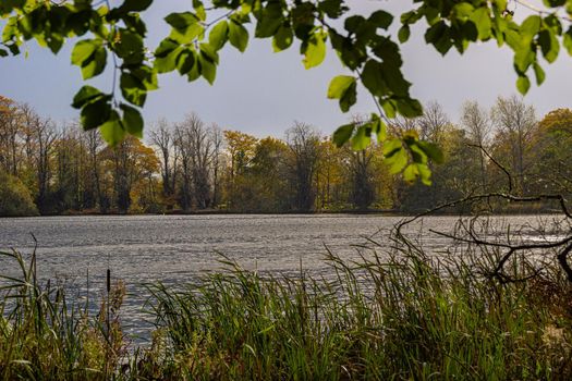 A view of the side of a lake, surrounded by trees, during autumn, with green, yellow and orange leaves, and a partly cloudy sky.