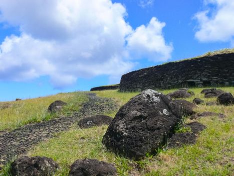 The dwellings of ancient aboriginals on Easter Island. made of shelter stones and walls.