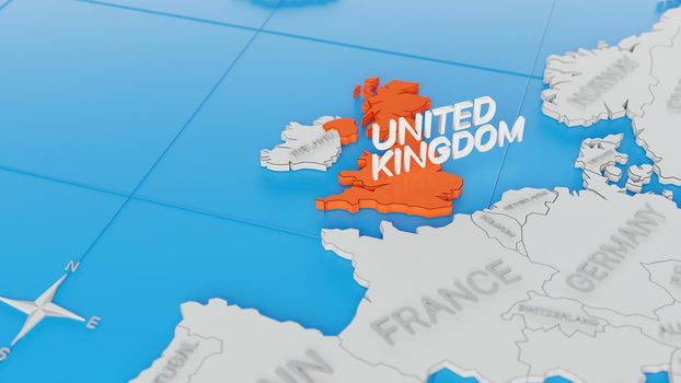 United Kingdom highlighted on a white simplified 3D world map. Digital 3D render.