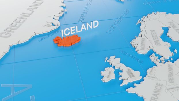Iceland highlighted on a white simplified 3D world map. Digital 3D render.