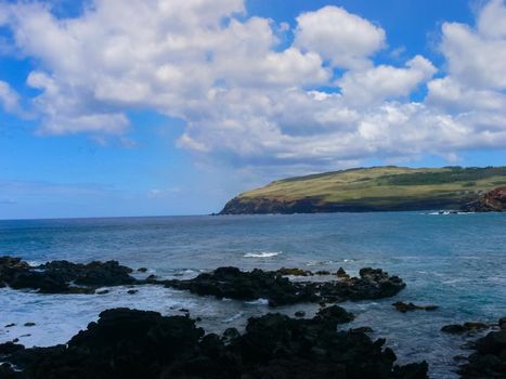 Easter Island coastline. Easter Island coast, rocks and ocean.