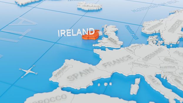 Ireland highlighted on a white simplified 3D world map. Digital 3D render.
