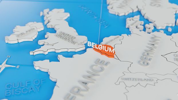 Belgium highlighted on a white simplified 3D world map. Digital 3D render.