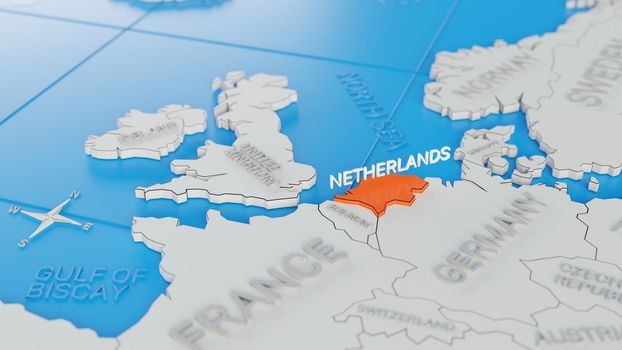 The Netherlands highlighted on a white simplified 3D world map. Digital 3D render.