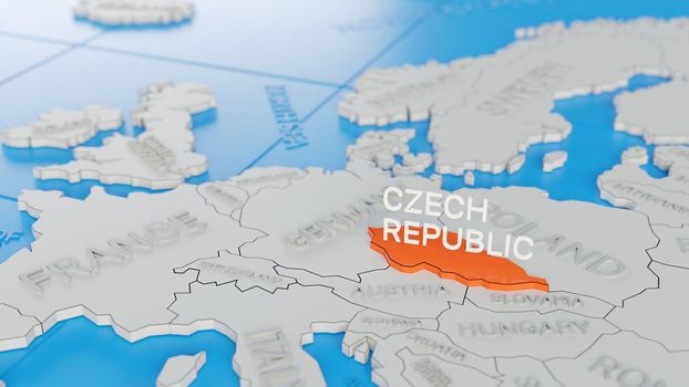 Czech Republic highlighted on a white simplified 3D world map. Digital 3D render.