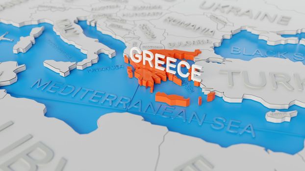 Greece highlighted on a white simplified 3D world map. Digital 3D render.