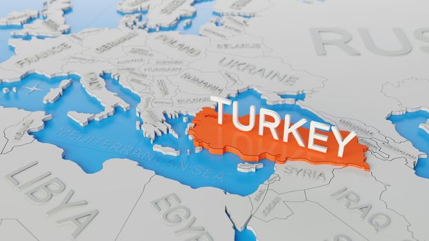 Turkey highlighted on a white simplified 3D world map. Digital 3D render.