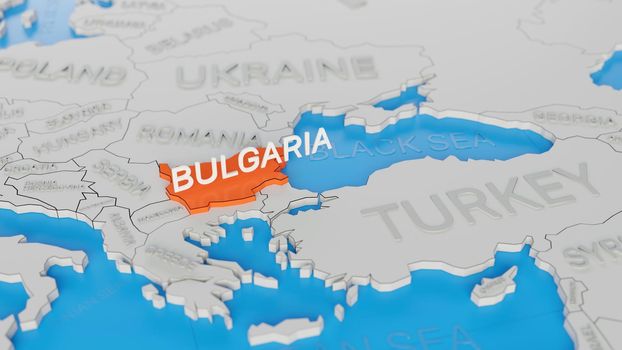 Bulgaria highlighted on a white simplified 3D world map. Digital 3D render.