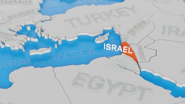 Israel highlighted on a white simplified 3D world map. Digital 3D render.