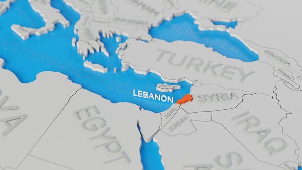Lebanon highlighted on a white simplified 3D world map. Digital 3D render.
