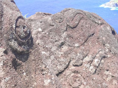 Rocks with rock engraving. Easter Island, traces of ancient culture.