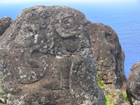 Rocks with rock engraving. Easter Island, traces of ancient culture.