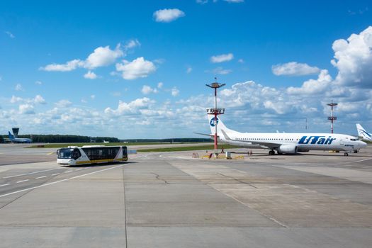 July 2, 2019 Moscow, Russia. Passenger bus at Vnukovo airport