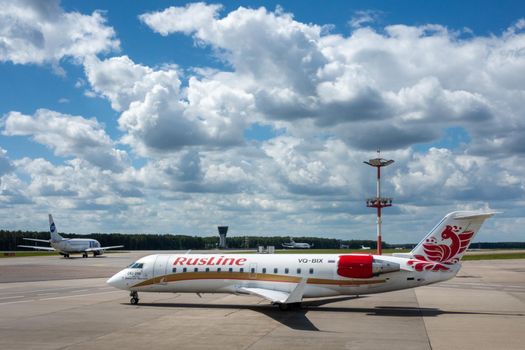 July 2, 2019, Moscow, Russia. Airplane Bombardier CRJ-200 Rusline at Vnukovo airport in Moscow.