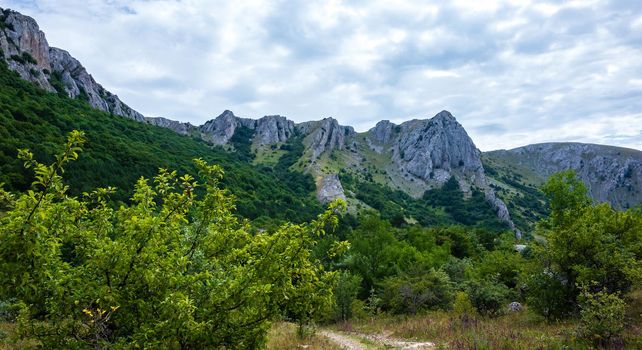 Inaccessible rocks surrounded by green forests and shrubs in hot summers in clear sunny weather.