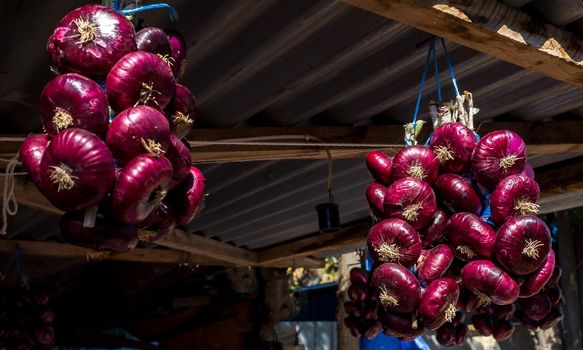 Bundles of red Yalta onions in the grocery market.