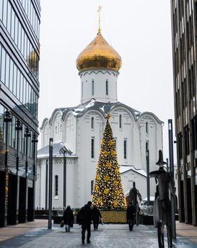 December 14, 2020, Moscow, Russia. New Year tree at the Church of St. Nicholas the Wonderworker at Tverskaya Zastava.