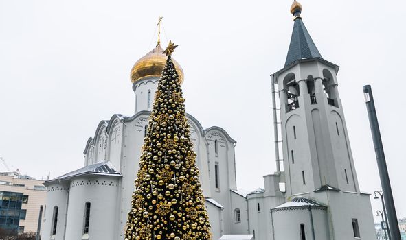 December 14, 2020, Moscow, Russia. New Year tree at the Church of St. Nicholas the Wonderworker at Tverskaya Zastava.