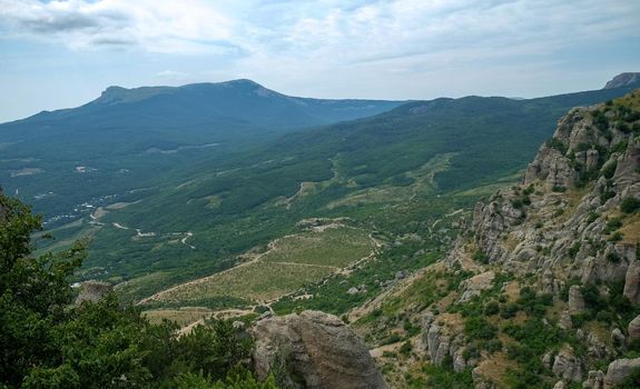 View of the Chatyr-Dag plateau from the top of the Demerdzhi mountain range in Crimea.