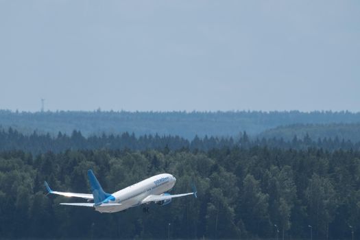 July 2, 2019, Moscow, Russia. Airplane Boeing Boeing 737-800 Pobeda airline at Vnukovo airport in Moscow.
