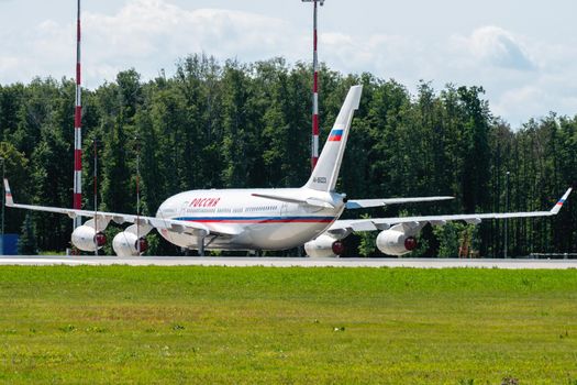 July 2, 2019, Moscow, Russia. Airplane Ilyushin Il-96 Rossiya - Special Flight Detachment at Vnukovo airport in Moscow.