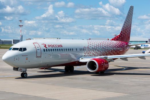 July 2, 2019, Moscow, Russia. Airplane Boeing 737-800 Rossiya - Russian Airlines at Vnukovo airport in Moscow.
