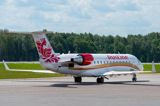 July 2, 2019, Moscow, Russia. Airplane Bombardier CRJ-200 Rusline at Vnukovo airport in Moscow.