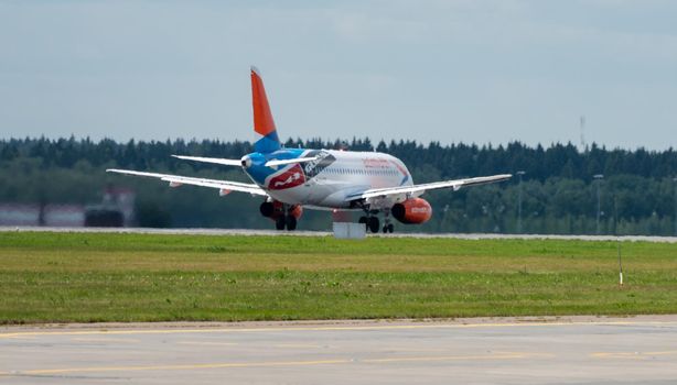 July 2, 2019, Moscow, Russia. Airplane Sukhoi Superjet 100 Azimuth Airlines at Vnukovo airport in Moscow.