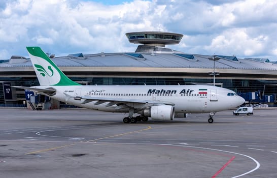 July 2, 2019, Moscow, Russia. Airplane Airbus A310-300 Mahan Airlines at Vnukovo airport in Moscow.