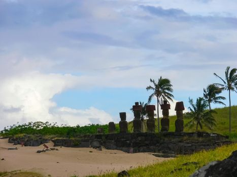 Statues of the gods of Easter Island. Ancient statues of ancient civilization on Easter Island.