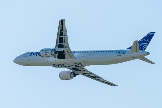 August 30, 2019. Zhukovsky, Russia. Promising Russian medium-range narrow-body passenger aircraft Irkut MC-21 at the International Aviation and Space Salon MAKS 2019.