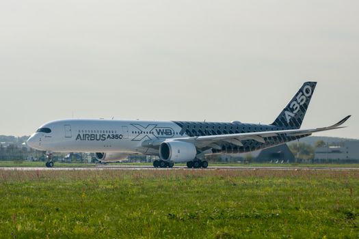 August 30, 2019. Zhukovsky, Russia. long-range wide-body twin-engine passenger aircraft Airbus A350-900 XWB Airbus Industrie at the International Aviation and Space Salon MAKS 2019.