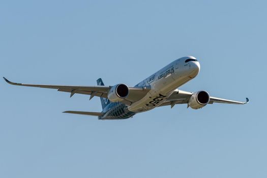 August 30, 2019. Zhukovsky, Russia. long-range wide-body twin-engine passenger aircraft Airbus A350-900 XWB Airbus Industrie at the International Aviation and Space Salon MAKS 2019.