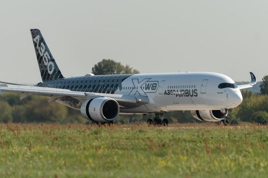 August 30, 2019. Zhukovsky, Russia. long-range wide-body twin-engine passenger aircraft Airbus A350-900 XWB Airbus Industrie at the International Aviation and Space Salon MAKS 2019.