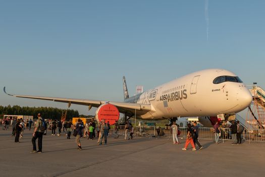 August 30, 2019. Zhukovsky, Russia. long-range wide-body twin-engine passenger aircraft Airbus A350-900 XWB Airbus Industrie at the International Aviation and Space Salon MAKS 2019.