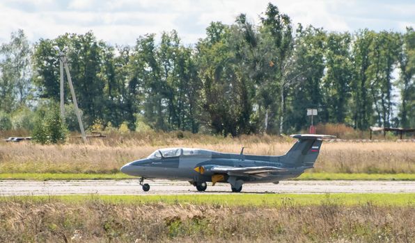 September 12, 2020, Kaluga region, Russia. The Aero L-29 Delfin training aircraft performs a training flight at the Oreshkovo airfield.