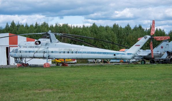 September 12, 2020, Kaluga region, Russia.  Military transport helicopter (flying crane) Mil Mi-10 at the Oreshkovo airfield.