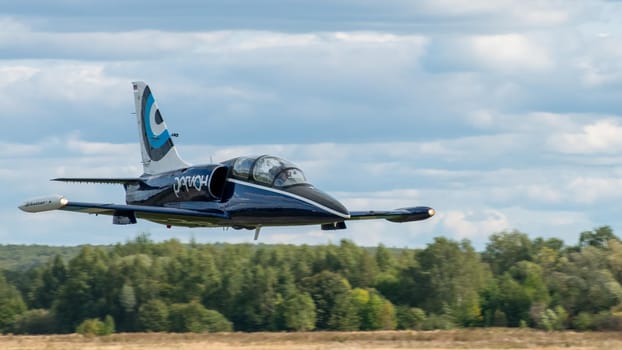 September 12, 2020, Kaluga region, Russia. The Aero L-39 Albatros training aircraft performs a training flight at the Oreshkovo airfield.