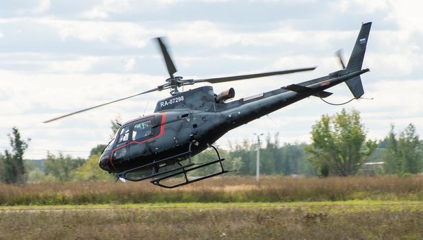 September 12, 2020, Kaluga region, Russia. Helicopter Aerospatiale AS.350 Ecureuil at the airport Oreshkovo.