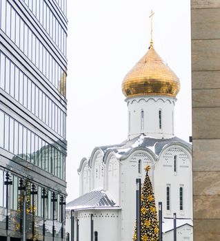 December 14, 2020, Moscow, Russia. New Year tree at the Church of St. Nicholas the Wonderworker at Tverskaya Zastava.