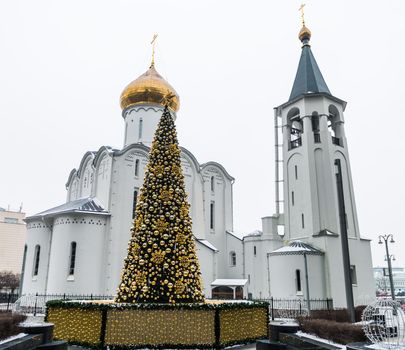 December 14, 2020, Moscow, Russia. New Year tree at the Church of St. Nicholas the Wonderworker at Tverskaya Zastava.