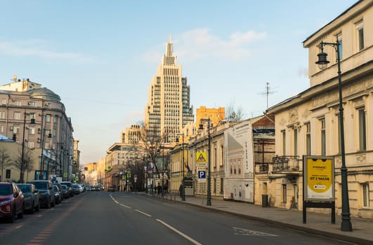 December 2, 2020, Moscow, Russia. Business center Oruzheiny and Malaya Dmitrovka street in Moscow.