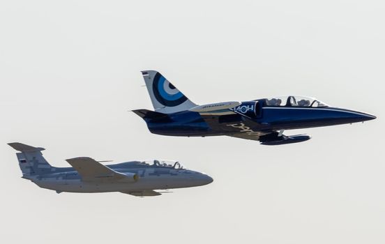 September 12, 2020, Kaluga region, Russia. Training aircraft Aero L-39 Albatros and Aero L-29 Delfin perform a training flight at the Oreshkovo airfield.