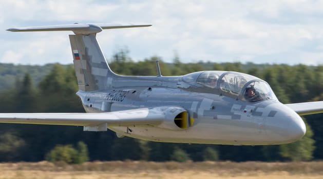 September 12, 2020, Kaluga region, Russia. The Aero L-29 Delfin training aircraft performs a training flight at the Oreshkovo airfield.