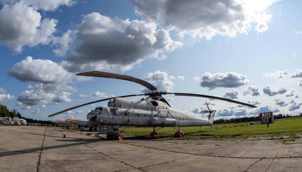 September 12, 2020, Kaluga region, Russia.  Military transport helicopter (flying crane) Mil Mi-10 at the Oreshkovo airfield.