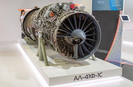 August 31, 2019, Moscow region, Russia. Aircraft turbojet bypass engine AL-41F1 for the Russian fifth generation supersonic fighter Sukhoi Su-57.