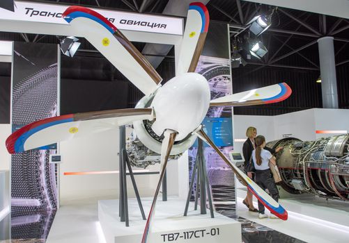 August 31, 2019, Moscow region, Russia. Russian turboprop engine certified Klimov TV7-117, designed for use in Il-112V and Il-114-300 aircraft