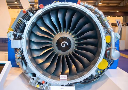 August 31, 2019, Moscow region, Russia. Turbofan engine PowerJet SaM146 (CM 146) for the short-haul Sukhoi Superjet 100 aircraft.