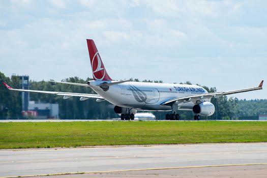 July 2, 2019, Moscow, Russia. Airplane Airbus A330-300 Turkish Airlines at Vnukovo airport in Moscow.